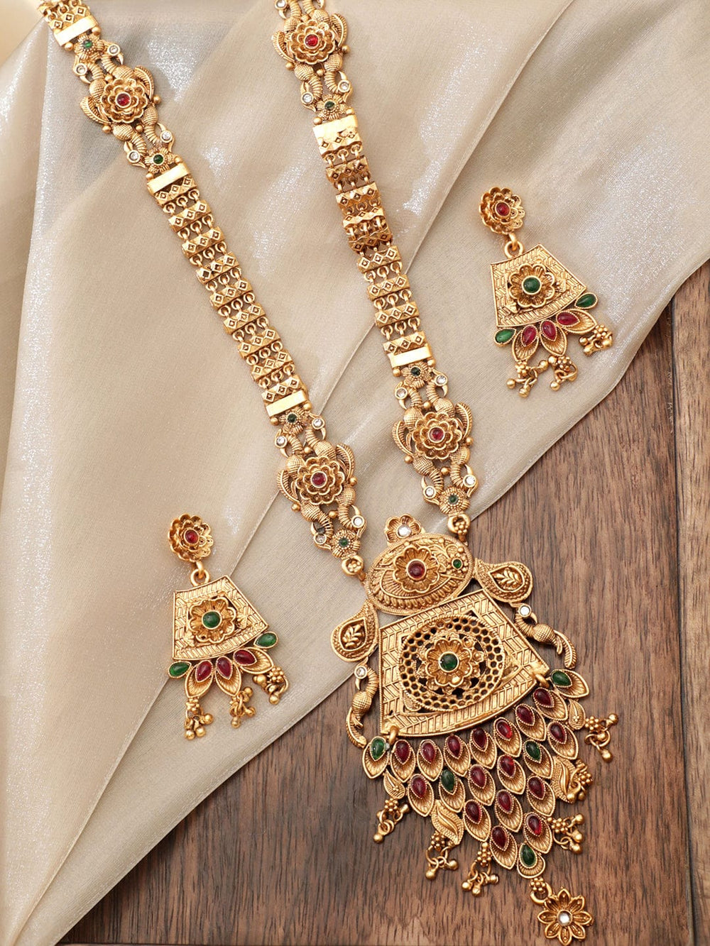 Rubans Gilded Delight with Red and Green Stones in Long Necklace Set Jewellery Sets