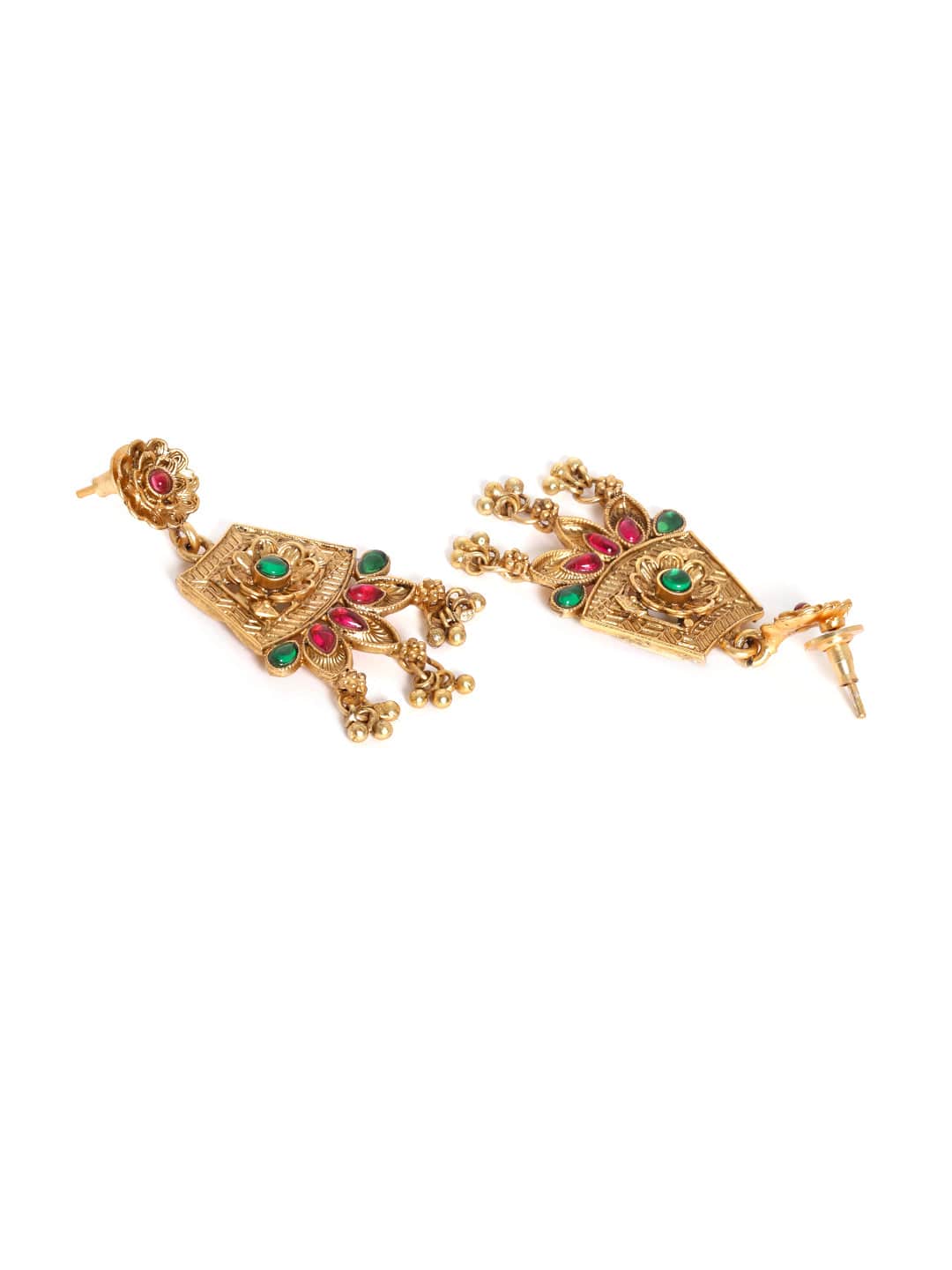 Rubans Gilded Delight with Red and Green Stones in Long Necklace Set Jewellery Sets