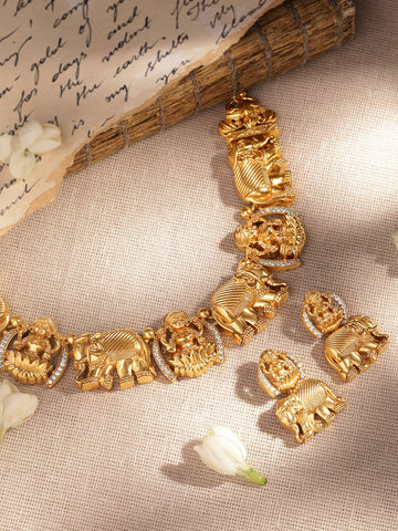 Rubans Gilded Elegance Gold-Plated AD-studded Lakshmi Designer Necklace & Earrings Necklaces, Necklace Sets, Chains & Mangalsutra