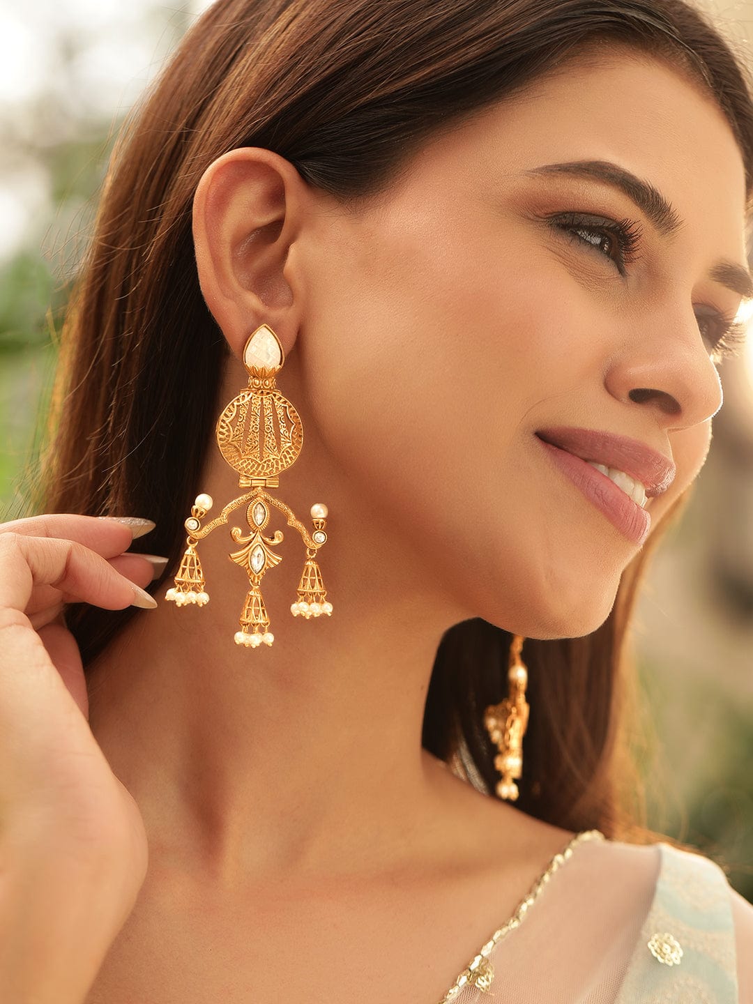 Rubans Gilded Opulence: Gold Plated Kundan Drop Earrings Earrings