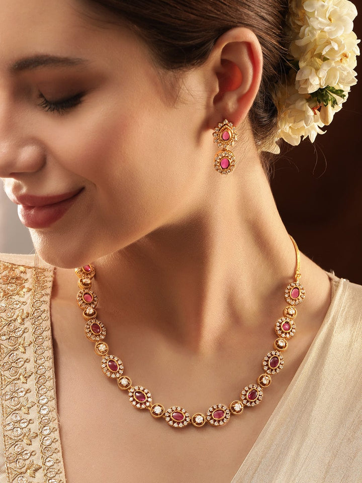 Rubans Glistening Gold Tone Necklace Set with Pink & White Stones Jewellery Sets