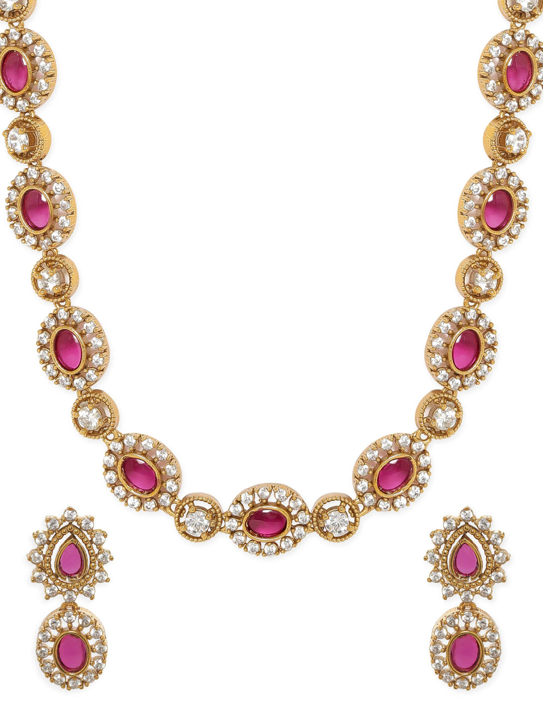 Rubans Glistening Gold Tone Necklace Set with Pink & White Stones Jewellery Sets
