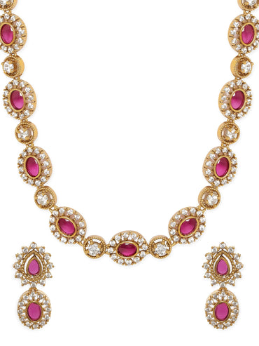 Rubans Glistening Gold Tone Necklace Set with Pink & White Stones Jewellery Sets