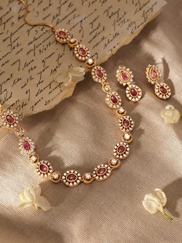 Rubans Glistening Gold Tone Necklace Set with Pink & White Stones Jewellery Sets