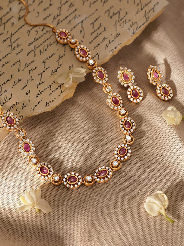 Rubans Glistening Gold Tone Necklace Set with Pink & White Stones Jewellery Sets