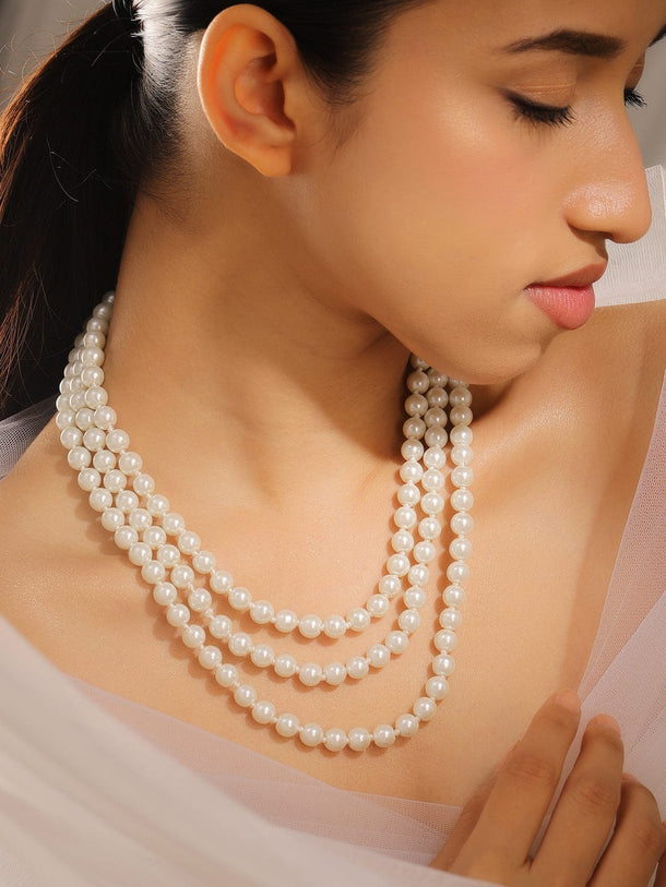 Rubans Glossy White Pearl Multi Layered Necklace Statement Jewelry Necklace and Chains