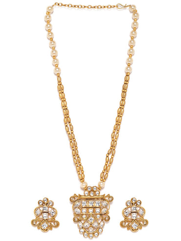 Rubans Gold and White Beads Chain with Gold-Toned Stone Pendant Necklace Set Jewellery Sets