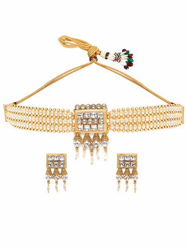 Rubans Gold Pendant Choker Set with White Beads and Stone Accents Jewellery Sets