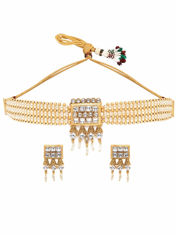 Rubans Gold Pendant Choker Set with White Beads and Stone Accents Jewellery Sets