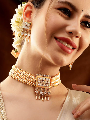 Rubans Gold Pendant Choker Set with White Beads and Stone Accents Jewellery Sets
