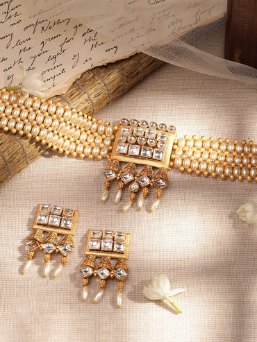 Rubans Gold Pendant Choker Set with White Beads and Stone Accents Jewellery Sets