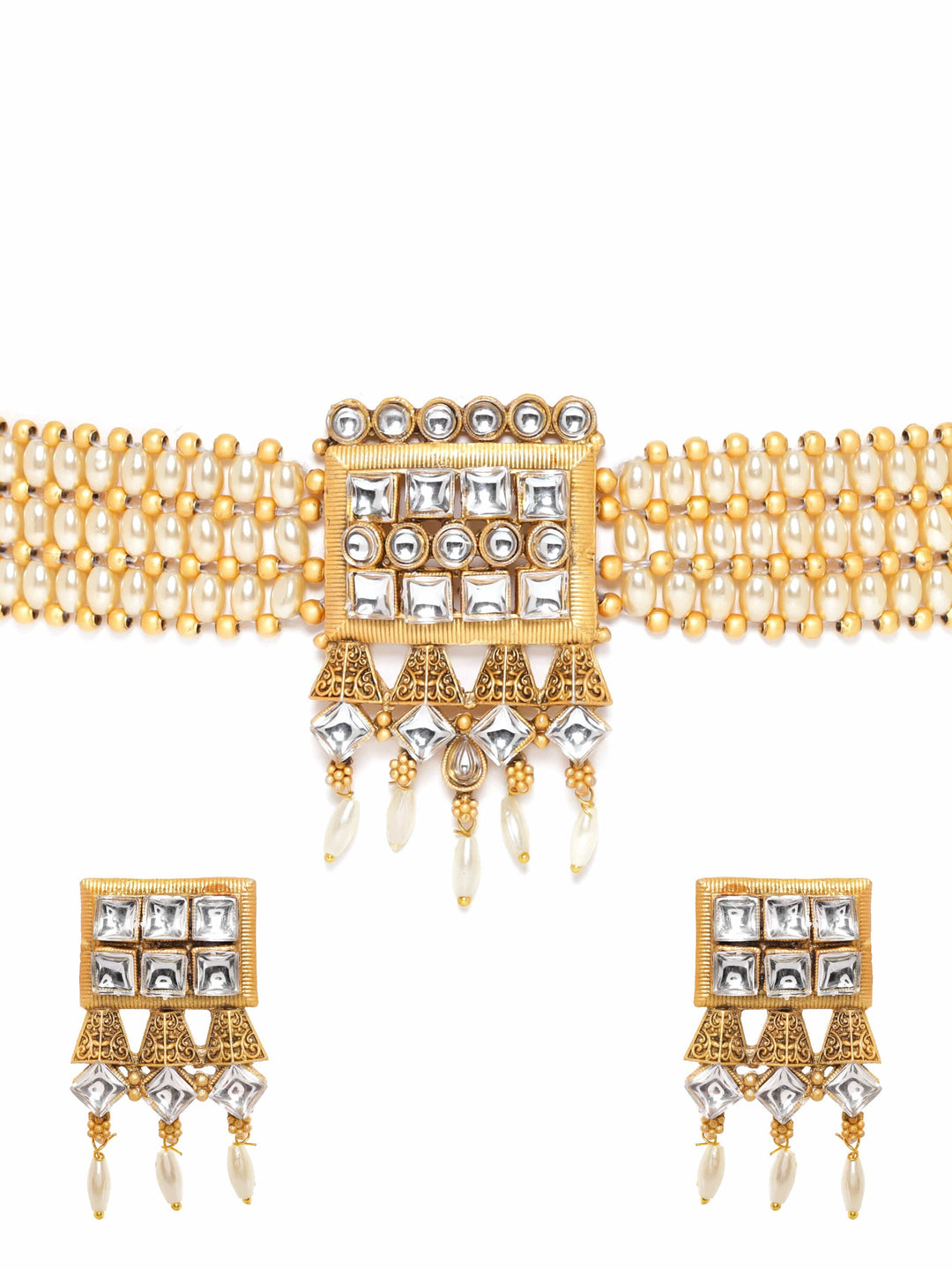 Rubans Gold Pendant Choker Set with White Beads and Stone Accents Jewellery Sets