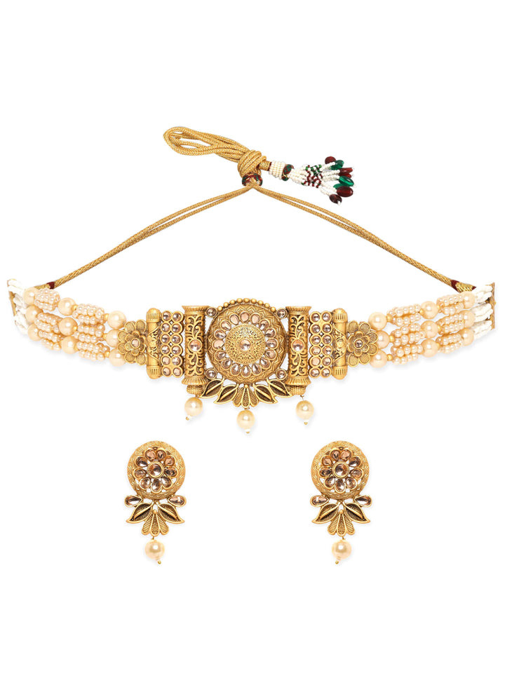 Rubans Gold Pendant, White Pearls, and Beaded Chain Choker Set Jewellery Sets