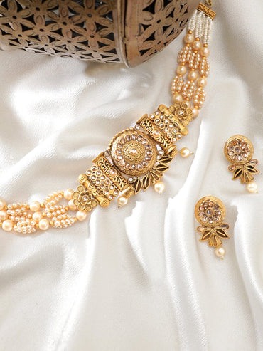 Rubans Gold Pendant, White Pearls, and Beaded Chain Choker Set Jewellery Sets