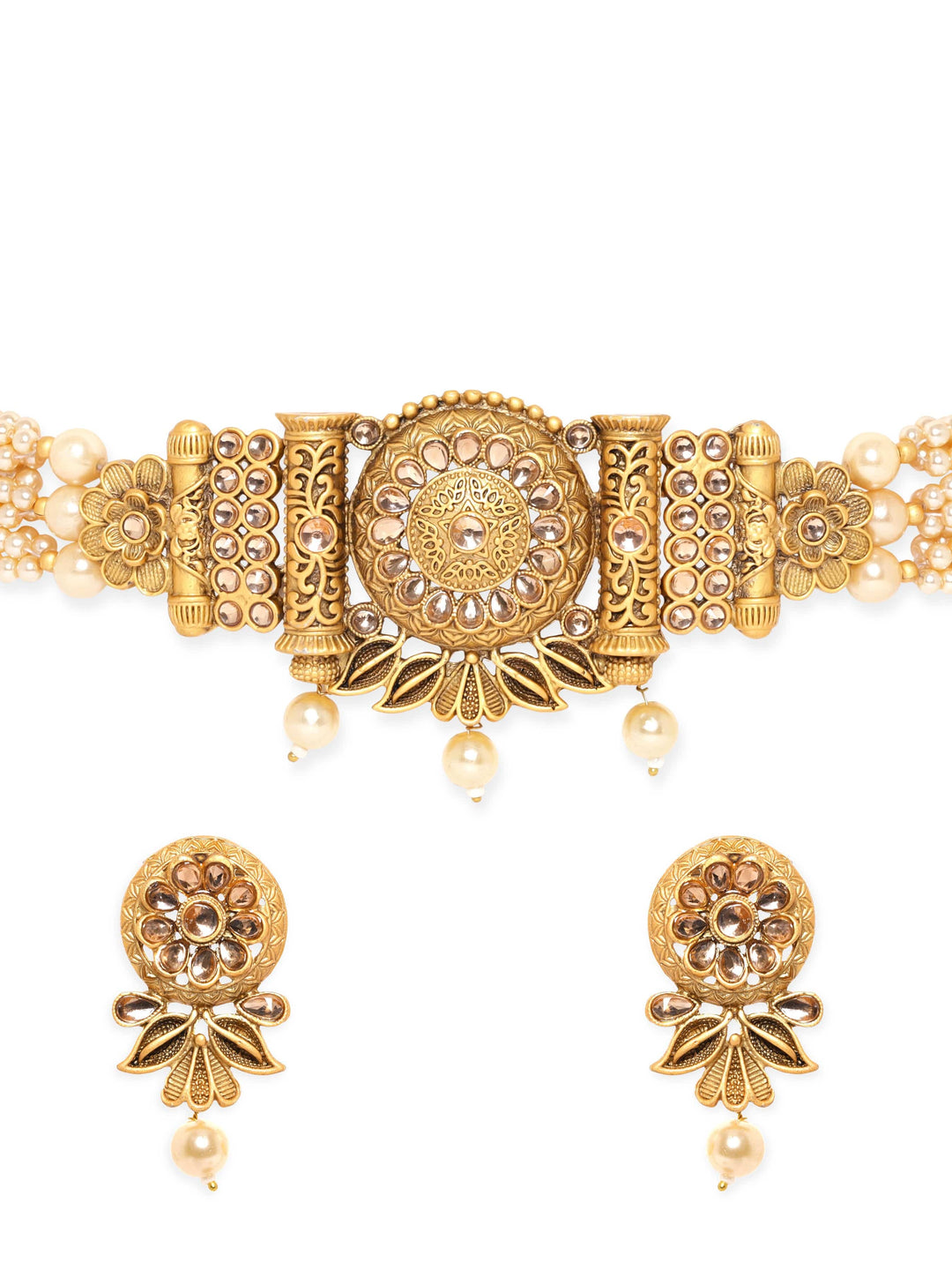 Rubans Gold Pendant, White Pearls, and Beaded Chain Choker Set Jewellery Sets