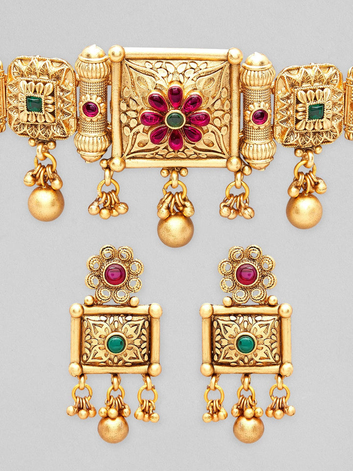 Rubans Gold Plated Assorted Stone Studded Choker Necklace Jewellery Set Necklace Set