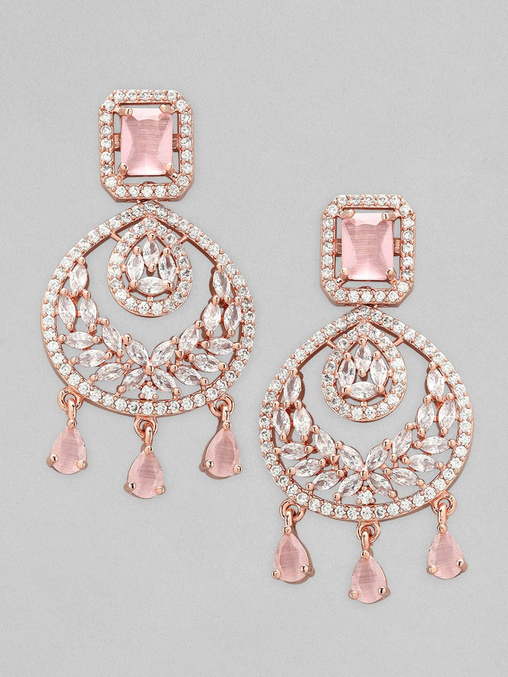 Rubans Gold Plated Chandbali Earrings With Pink American Diamonds Earrings