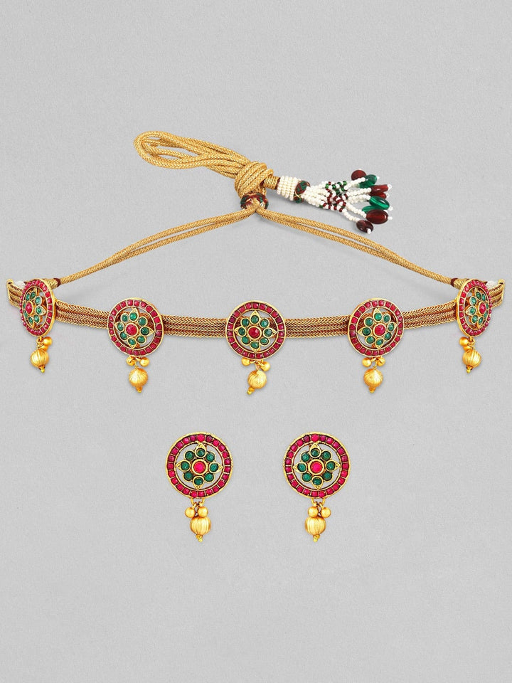 Rubans Gold Plated Choker Necklace Set With Red And Green Stones And Golden Beads. Necklace Set