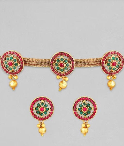 Rubans Gold Plated Choker Necklace Set With Red And Green Stones And Golden Beads. Necklace Set