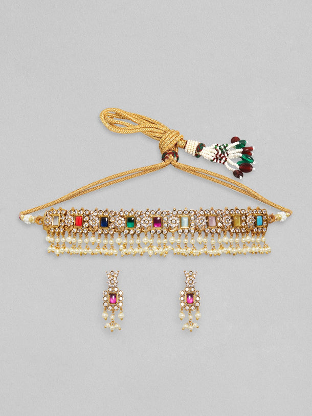Rubans Gold Plated Choker Set With Multicolour Stones And White Beads. Necklace Set