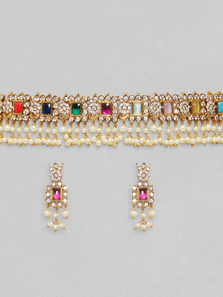 Rubans Gold Plated Choker Set With Multicolour Stones And White Beads. Necklace Set