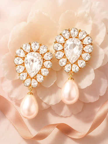 Rubans Gold Plated Crystal AAA Zirconia Embellished Tear Shaped Dangle Earring with Pearl Drops Earrings