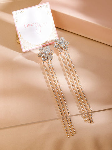 Rubans Gold Plated Cubic Zirconia Studded Floral Long Drop Earrings Earrings