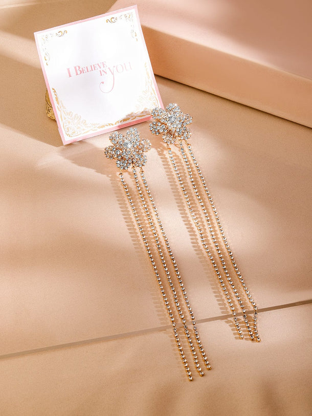 Rubans Gold Plated Cubic Zirconia Studded Floral Long Drop Earrings Earrings