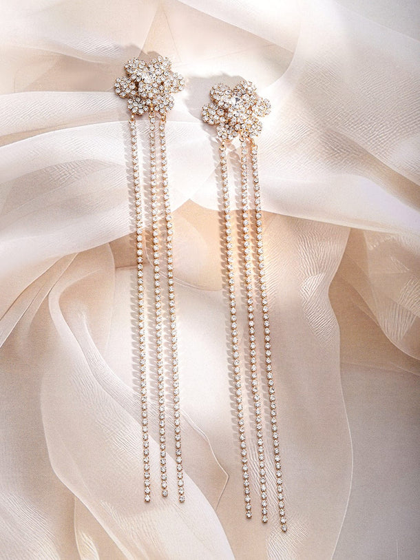 Rubans Gold Plated Cubic Zirconia Studded Floral Long Drop Earrings Earrings