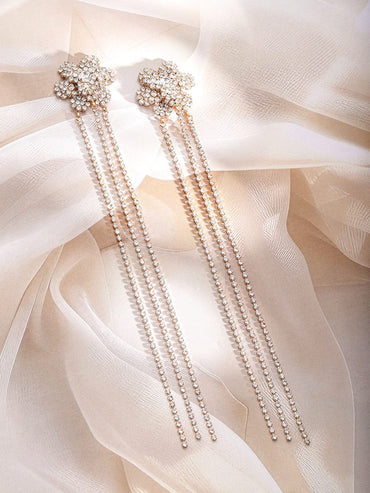 Rubans Gold Plated Cubic Zirconia Studded Floral Long Drop Earrings Earrings