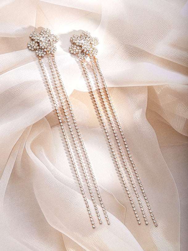 Rubans Gold Plated Cubic Zirconia Studded Floral Long Drop Earrings Earrings