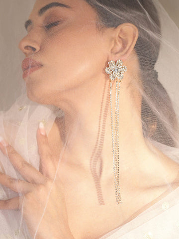 Rubans Gold Plated Cubic Zirconia Studded Floral Long Drop Earrings Earrings