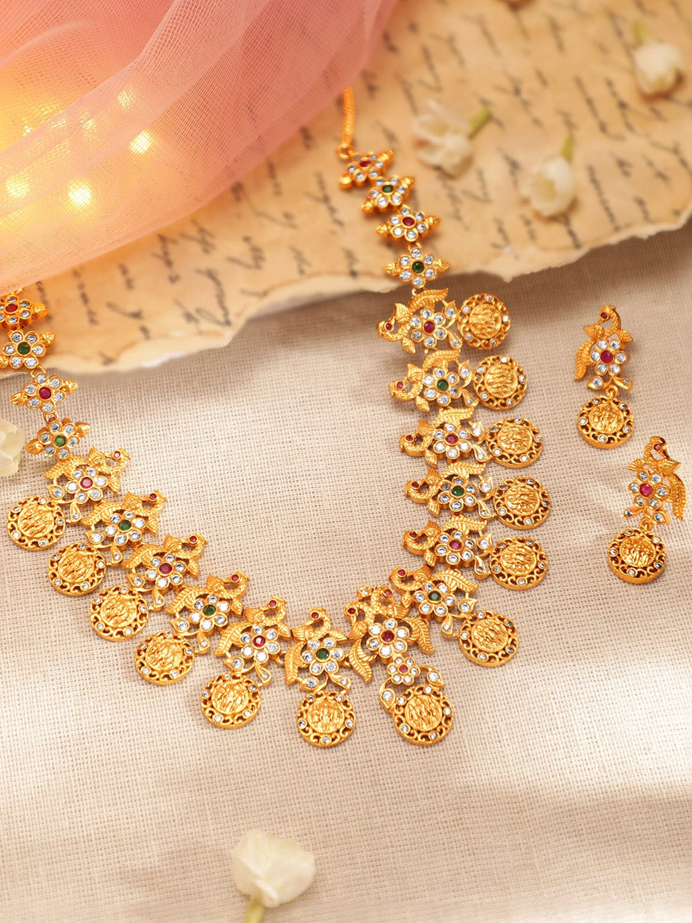 Rubans Gold Plated  CZ Studded Floral Temple Jewellery Set Necklaces, Necklace Sets, Chains & Mangalsutra