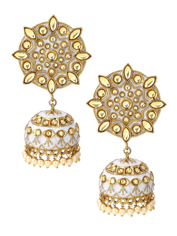 Rubans Gold Plated Enamel Kundan Jhumka Earrings Earrings