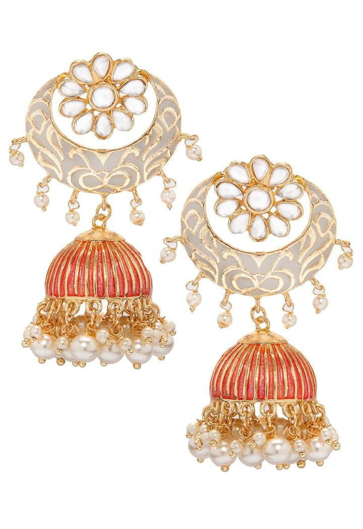 Rubans Gold Plated Enamel Pearl Statement Jhumka Earrings Earrings