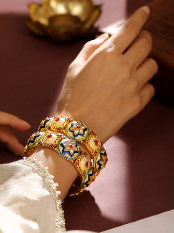 Rubans Gold-Plated Floral Design Enamel Bangles with Kundan and Multicolor Accents Bangles & Bracelets
