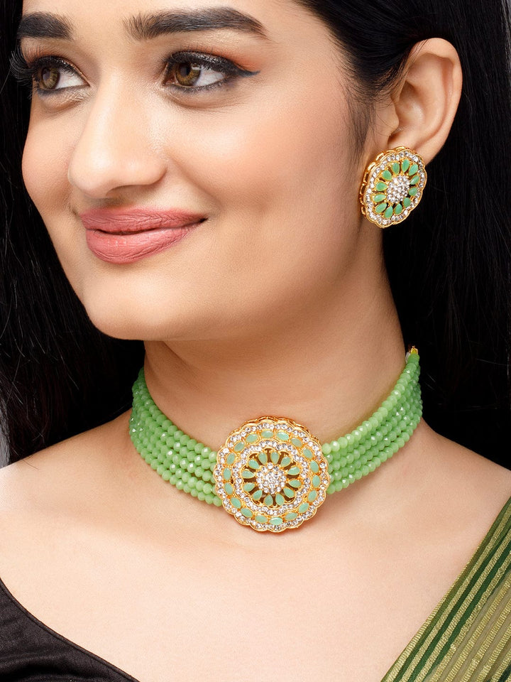 Rubans Gold-Plated & Green Emerald & AD-Studded Jewellery Set Necklace Set