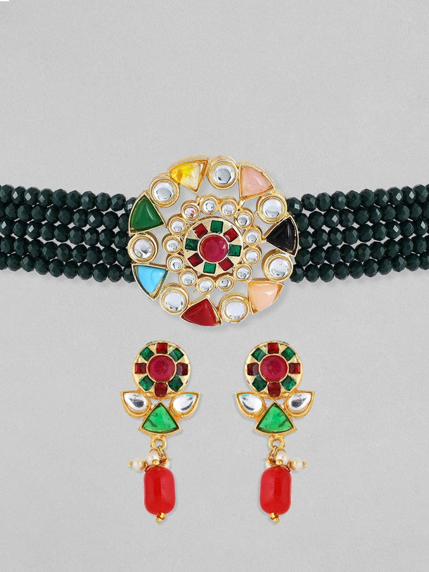 Rubans Gold-Plated & Green Stone-Studded Jewellery Set Jewellery Set