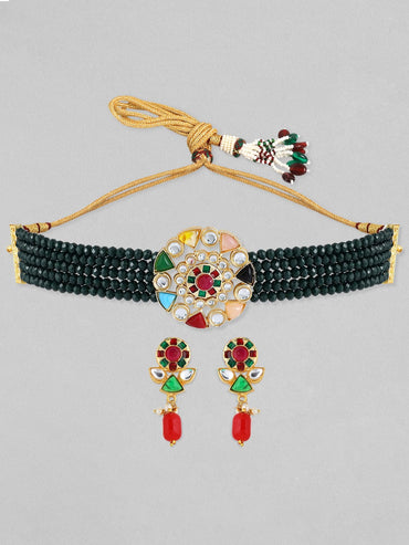 Rubans Gold-Plated & Green Stone-Studded Jewellery Set Jewellery Set