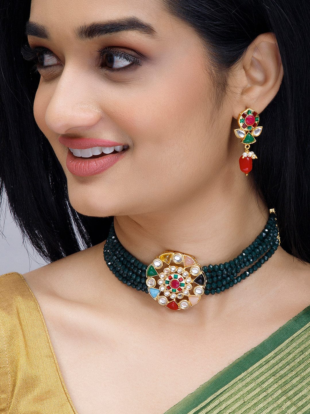 Rubans Gold-Plated & Green Stone-Studded Jewellery Set Necklace Set