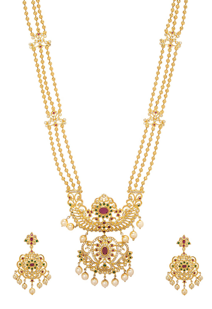Rubans Gold Plated Hand Crafted Eligant Mutlti -Strand Temple Necklace Set Necklace Set