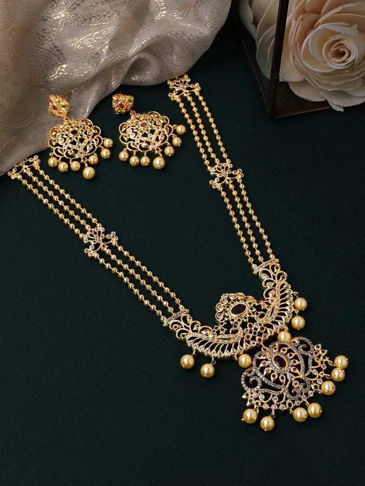 Rubans Gold Plated Hand Crafted Eligant Mutlti -Strand Temple Necklace Set Necklaces, Necklace Sets, Chains & Mangalsutra
