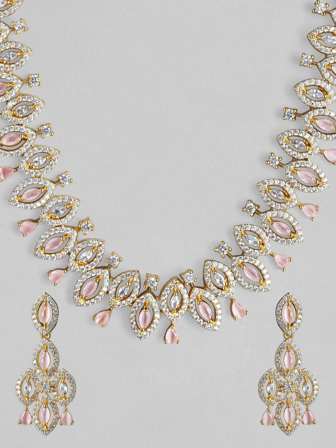 Rubans Gold Plated Handcrafted AD Stone Pink Studded Necklace Set. Necklace Set