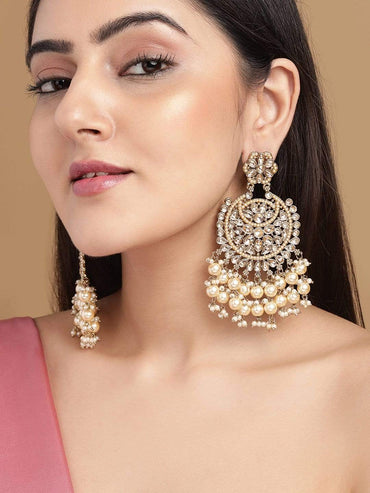 Rubans 22K Gold Plated Kundan Studded Handcrafted Long Chandbali with Cream-Colored Pearls