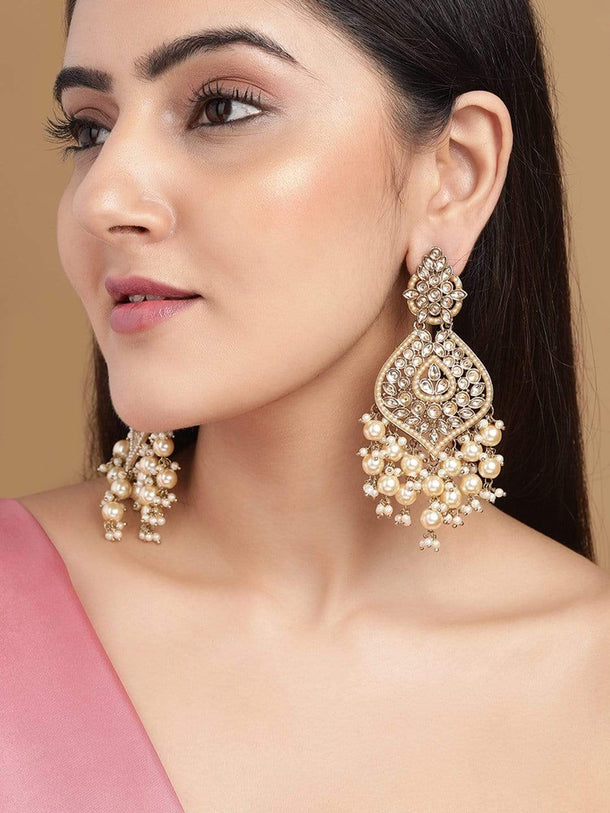 Rubans 18K Gold-Plated Kundan & Glossy Cream Pearl Beaded Handcrafted Long Chandelier Earrings