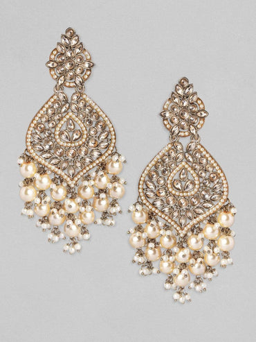Rubans 18K Gold-Plated Kundan & Glossy Cream Pearl Beaded Handcrafted Long Chandelier Earrings