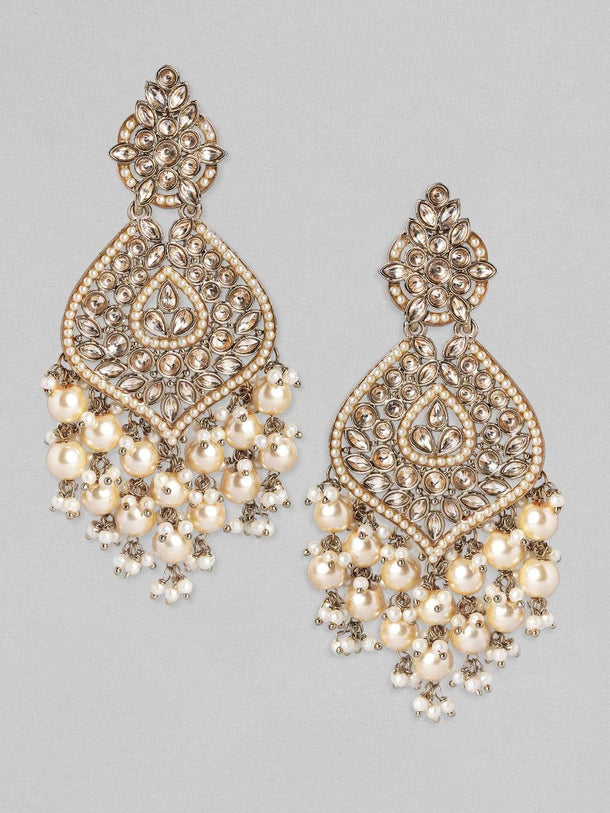 Rubans 18K Gold-Plated Kundan & Glossy Cream Pearl Beaded Handcrafted Long Chandelier Earrings