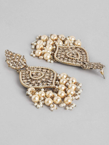 Rubans 18K Gold-Plated Kundan & Glossy Cream Pearl Beaded Handcrafted Long Chandelier Earrings