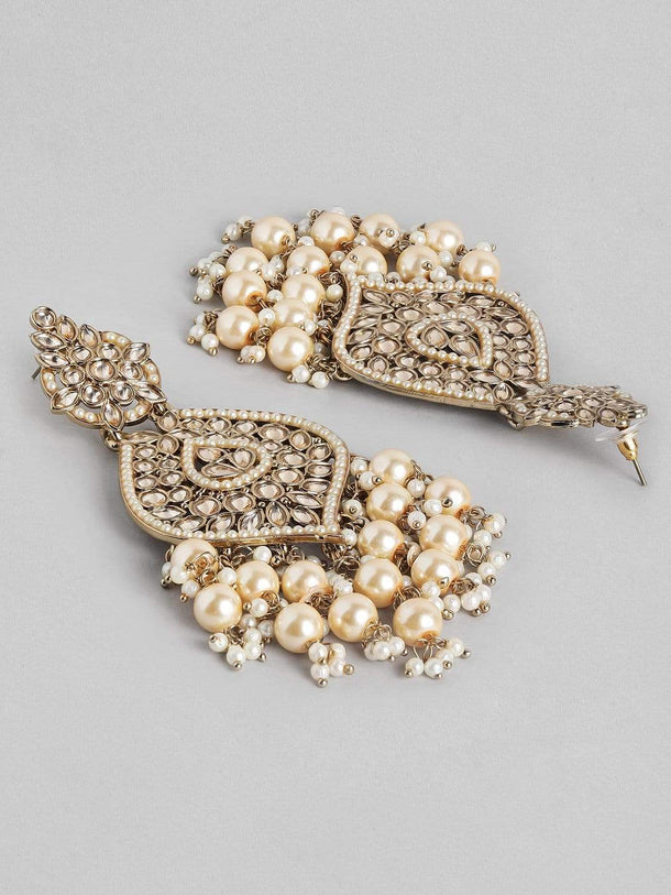 Rubans 18K Gold-Plated Kundan & Glossy Cream Pearl Beaded Handcrafted Long Chandelier Earrings