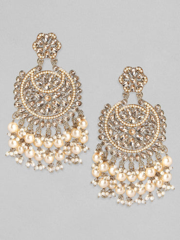 Rubans 22K Gold Plated Kundan Studded Handcrafted Long Chandbali with Cream-Colored Pearls